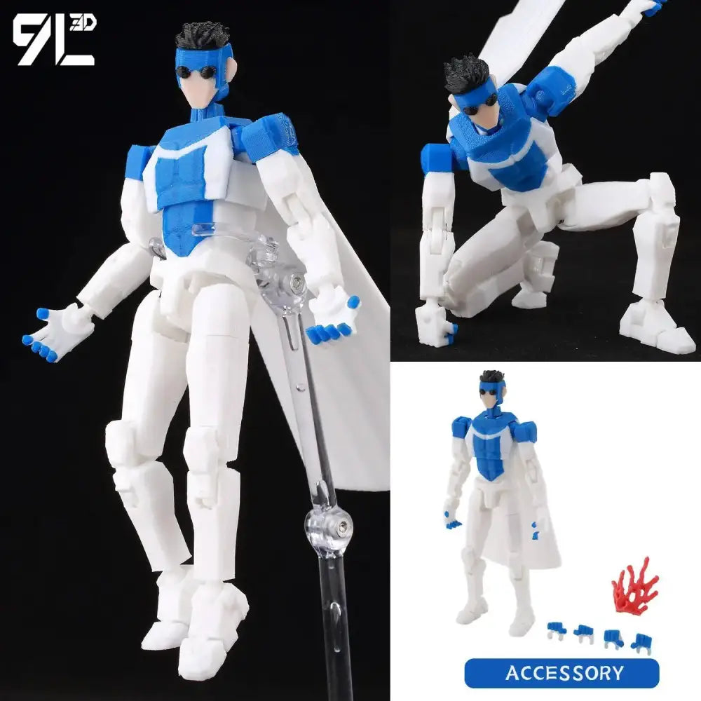 Invincible boy conquer white and blue plastic action figure with multi-jointed poseable limbs and transparent sword accessory