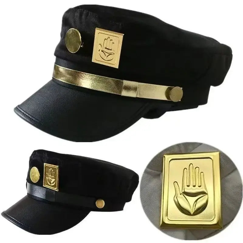 Black leather style cap with gold metal emblem and strap for kujo jotaro jojo’s bizarre adventure cosplay