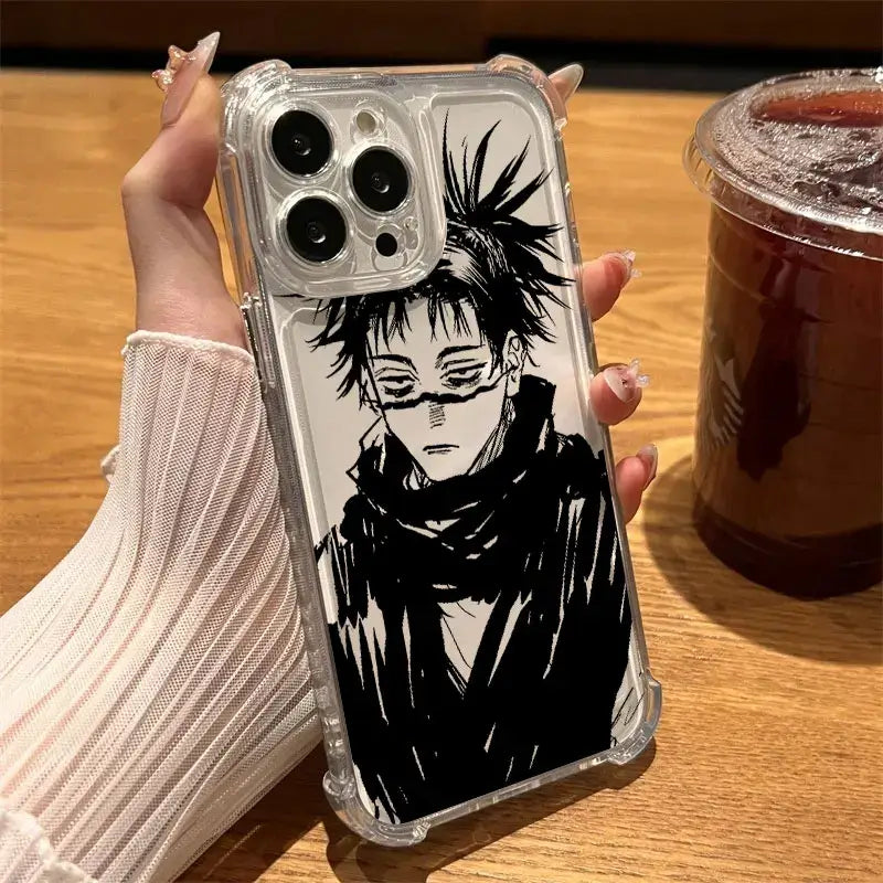 Clear shockproof phone case featuring black and white anime illustration of kaisen choso with glasses and scarf