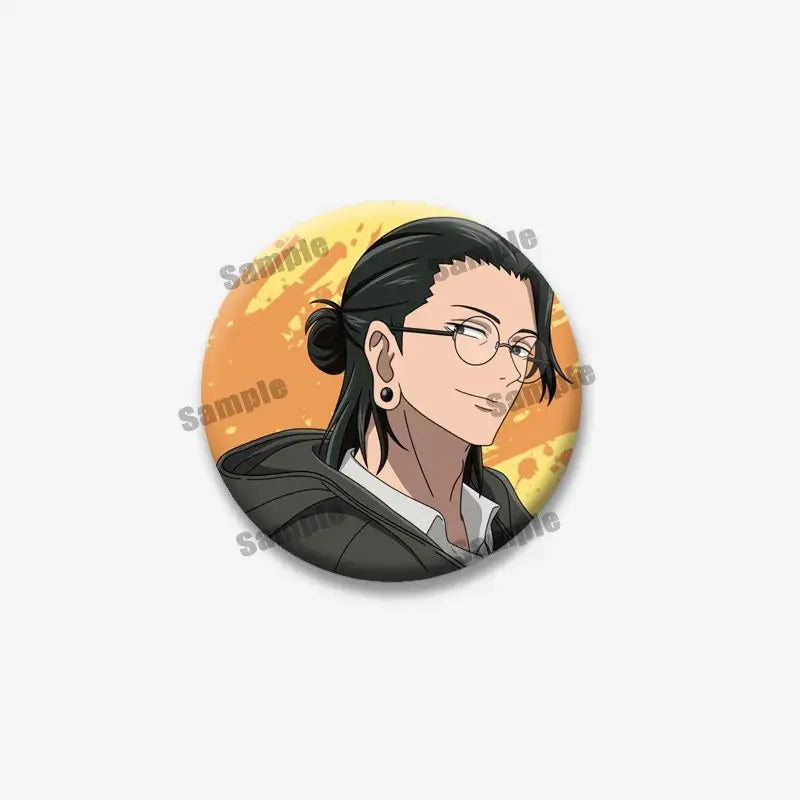 Circular enamel pin featuring geto suguru from jujutsu kaisen with black hair bun and round glasses backpack accessory