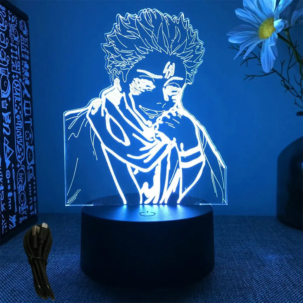 Jujutsu kaisen gojo 3d led lamp with blue-lit acrylic panel featuring spiky hair character and remote control