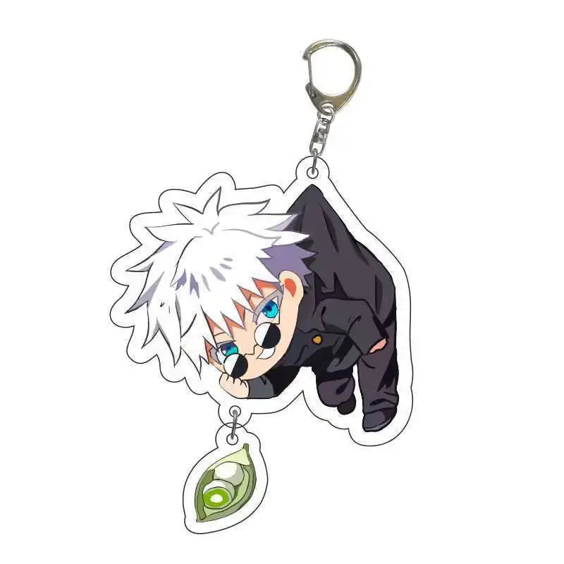 Translucent acrylic keychain featuring chibi jujutsu kaisen character with white hair and blue eyes on silver ring