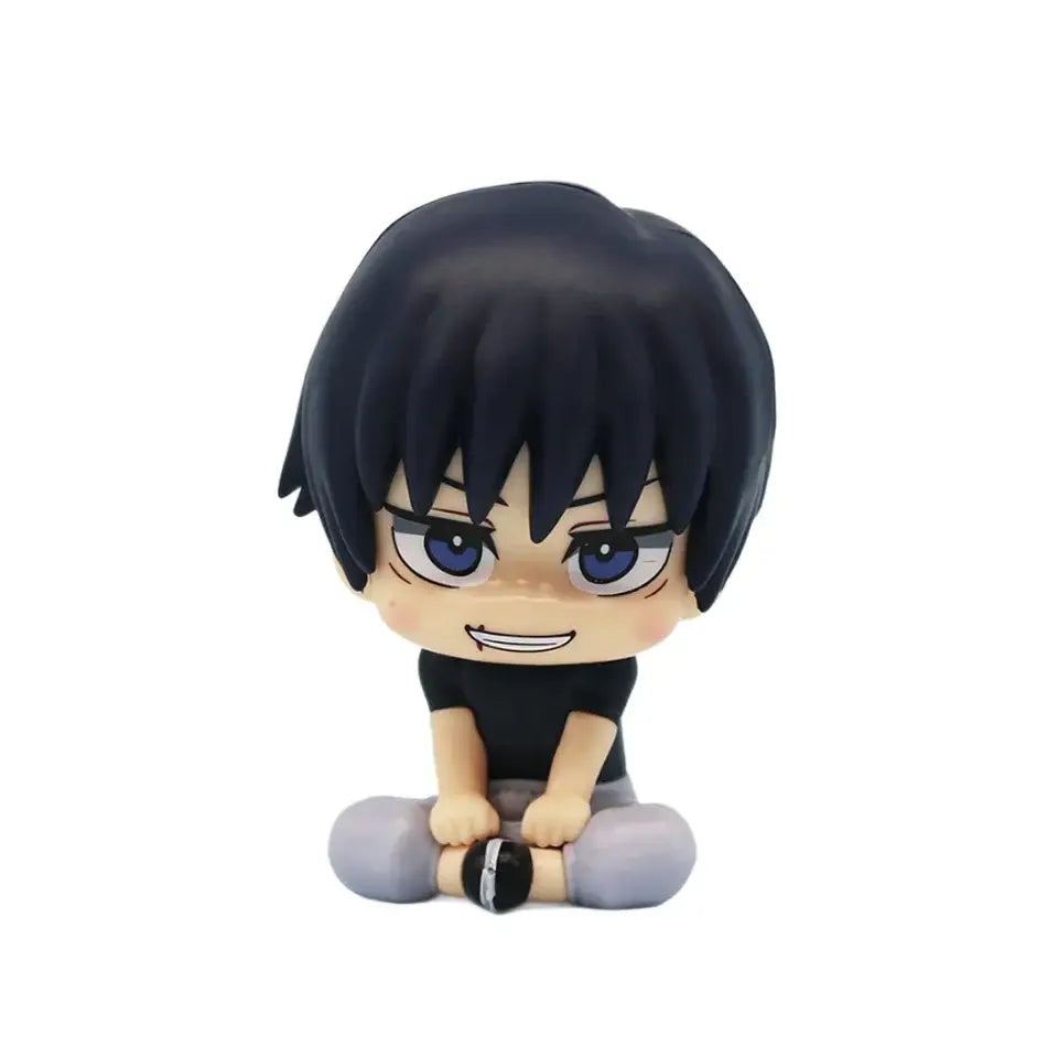 Chibi-style jujutsu kaisen gojo mini figure with short black hair blue eyes black shirt gray pants in opp bag packaging