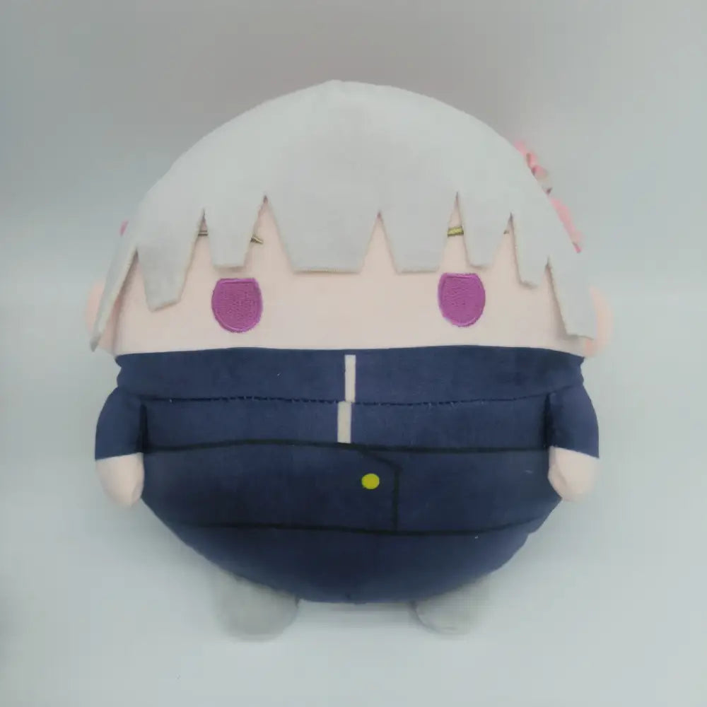 Jujutsu kaisen gojo plush doll with white hair pink cheeks navy blue outfit and yellow button available in 10 22 30cm sizes