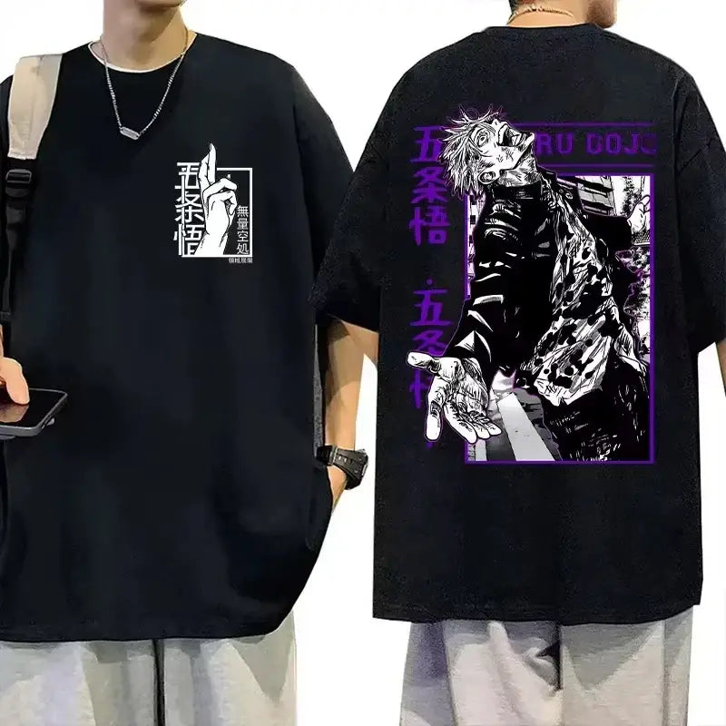 Black cotton short-sleeved jujutsu kaisen t-shirt featuring gojo satoru graphic print and japanese text front and back