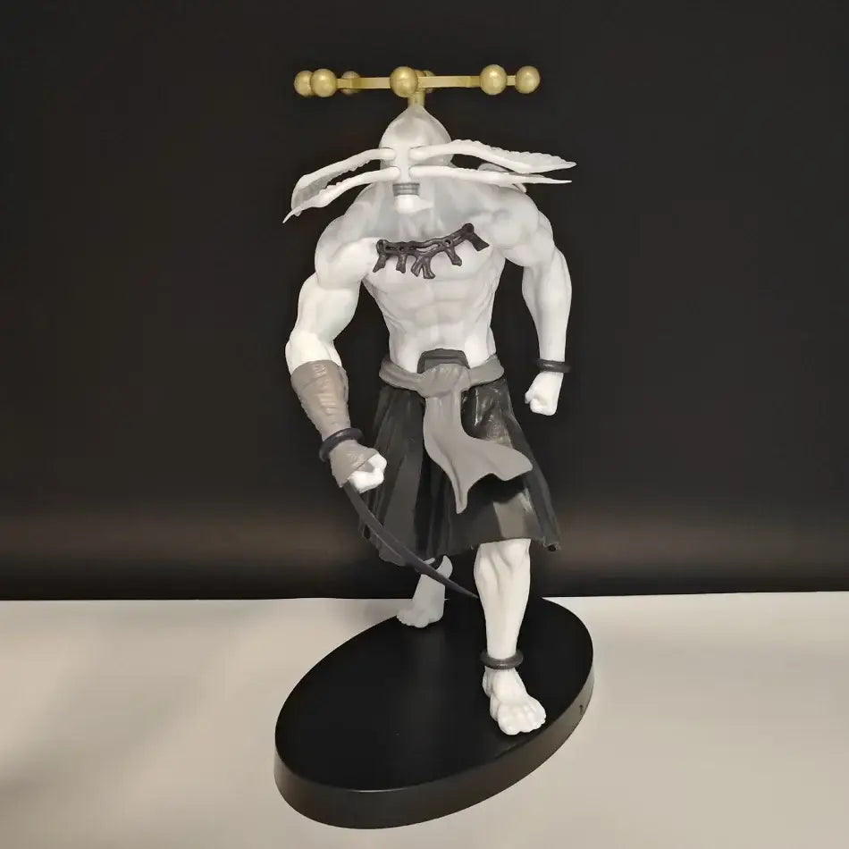 Jujutsu kaisen itadori yuji pvc statue showing muscular figure with feathered headpiece and golden staff on its back