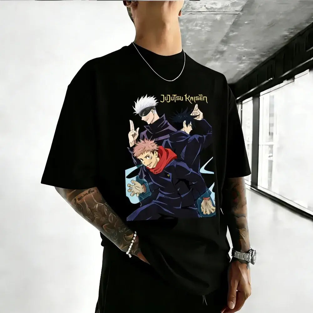 Black cotton unisex t-shirt featuring vibrant jujutsu kaisen satoru gojo graphic with stylized lettering above