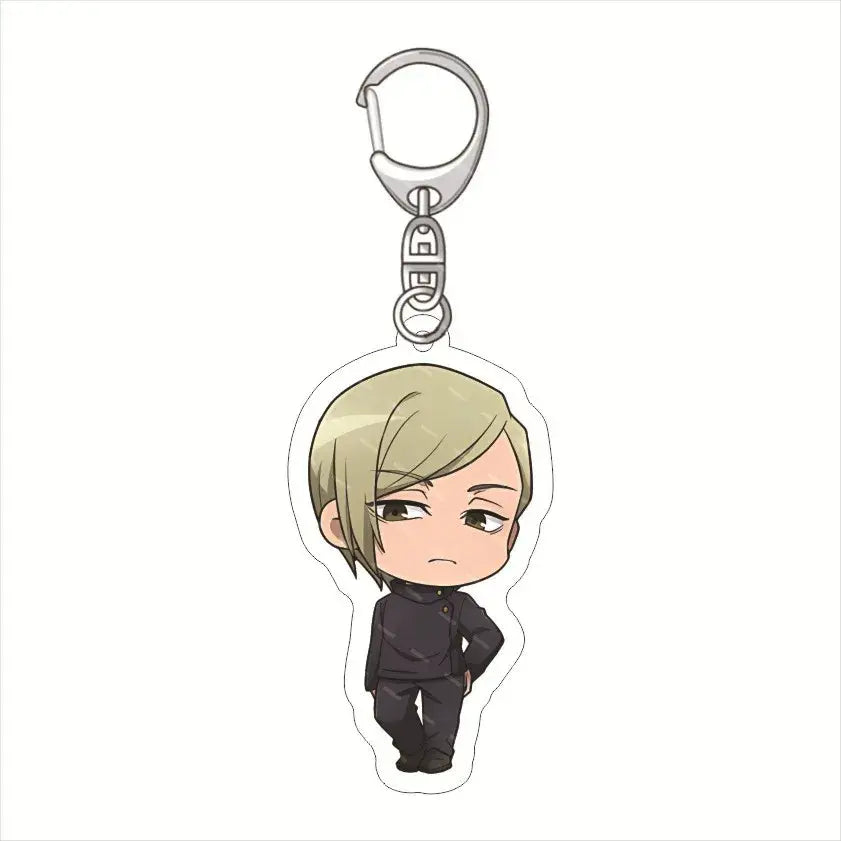 Chibi-style satoru gojo keychain pendant featuring a blonde character in black outfit with silver metal clip acrylic charm