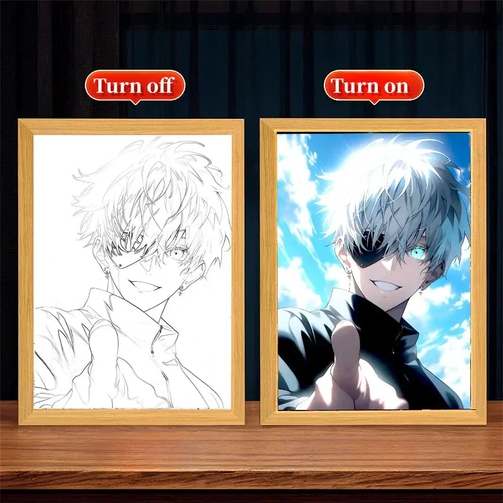 Jujutsu kaisen satoru gojo photo frame lamp with white hair character and warm bedroom glow led wall art