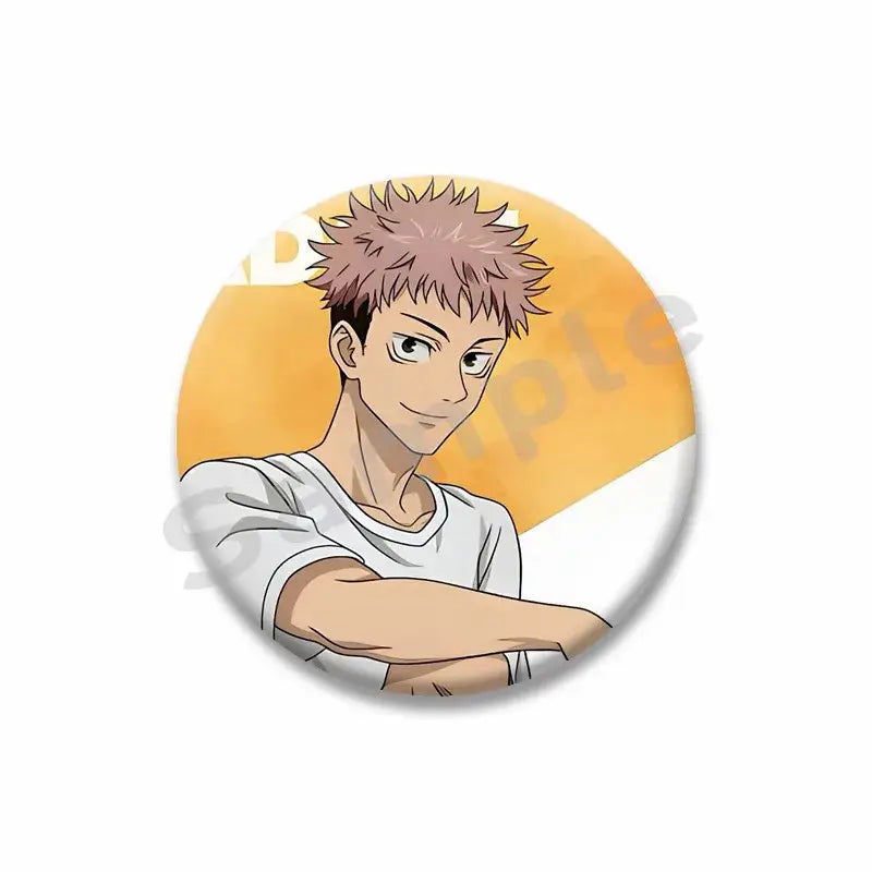 Circular yuji itadori enamel pin featuring anime character with spiky pink hair on yellow-orange gradient background