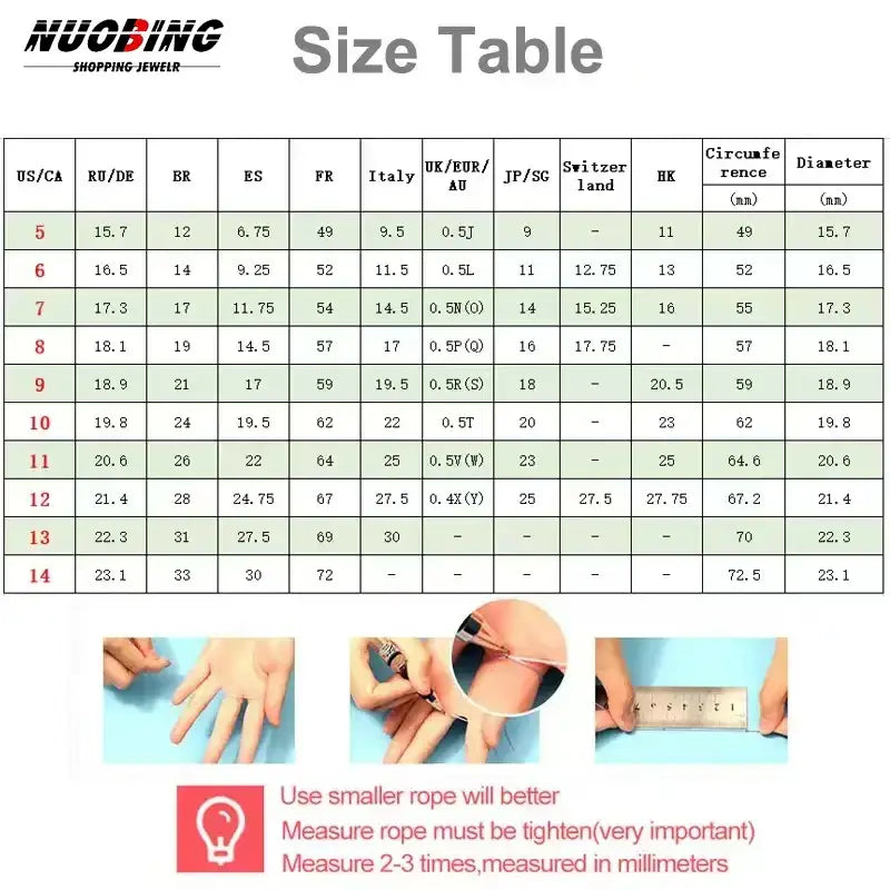 Nuobing size chart for jujutsu kaisen yuta okkotsu couple jewelry ring with international measurements and dimensions