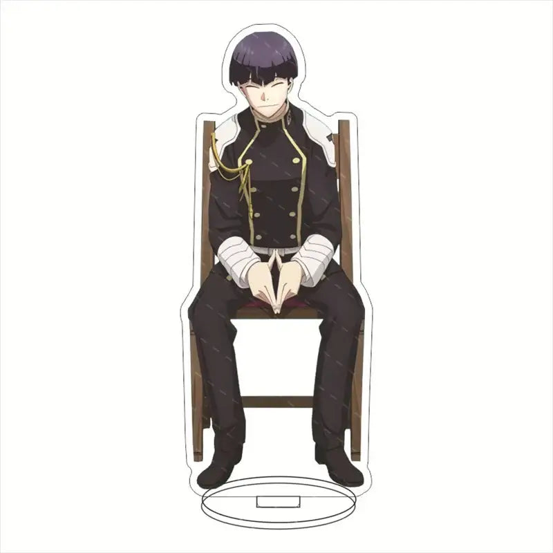Black and white hibino kafka acrylic stand with gold trim seated on wooden chair 15cm desktop display acrylic stand