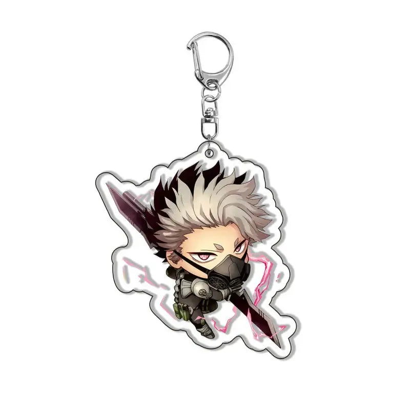 Silver-toned kaiju no 8 kafka acrylic pendant keychain featuring a chibi character with spiky hair and swords bag charm