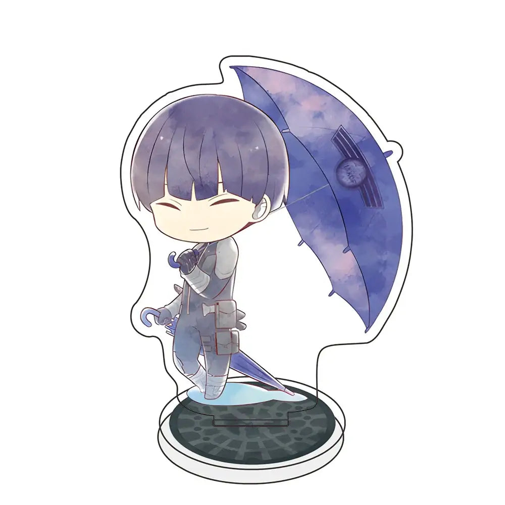 Chibi-style kafka hibino acrylic stand featuring short purple hair and blue umbrella in gray and white armor, 10cm tall