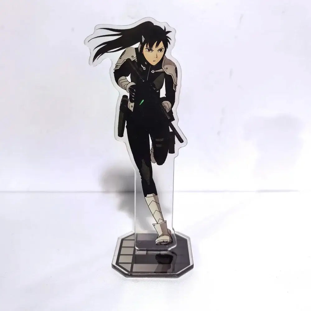 Black and gray kafka hibino acrylic stand featuring tactical gear and rifle in a detailed anime figure design