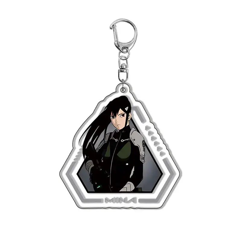 Silver hexagonal acrylic kafka hibino keychain featuring anime character in dark green tactical outfit with white border