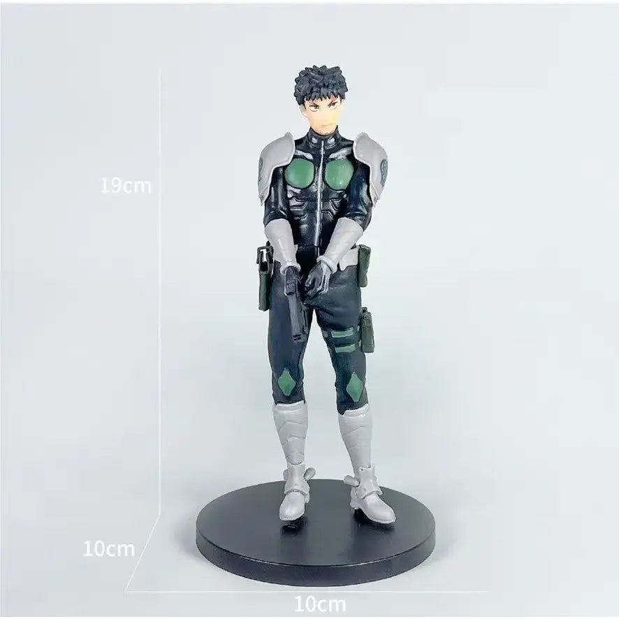 Black and green kafka hibino pvc figure with silver armor standing on a circular base pvc figure desktop ornament