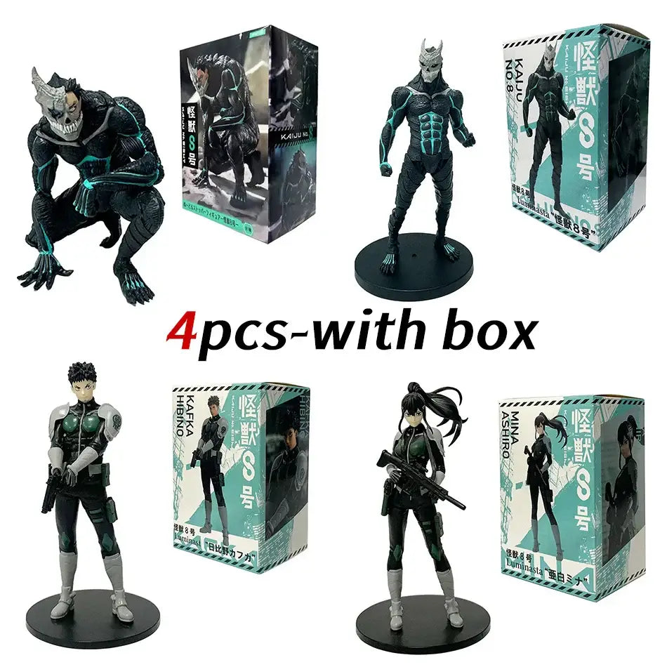 Black and teal glowing kaiju no 8 kafka hibino pvc statue monster form with detailed muscles in branded packaging