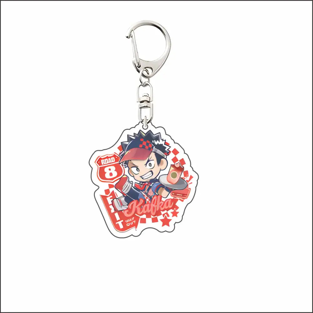 Red and white acrylic mina acrylic keyring featuring a cartoon with spiky black hair holding a food tray