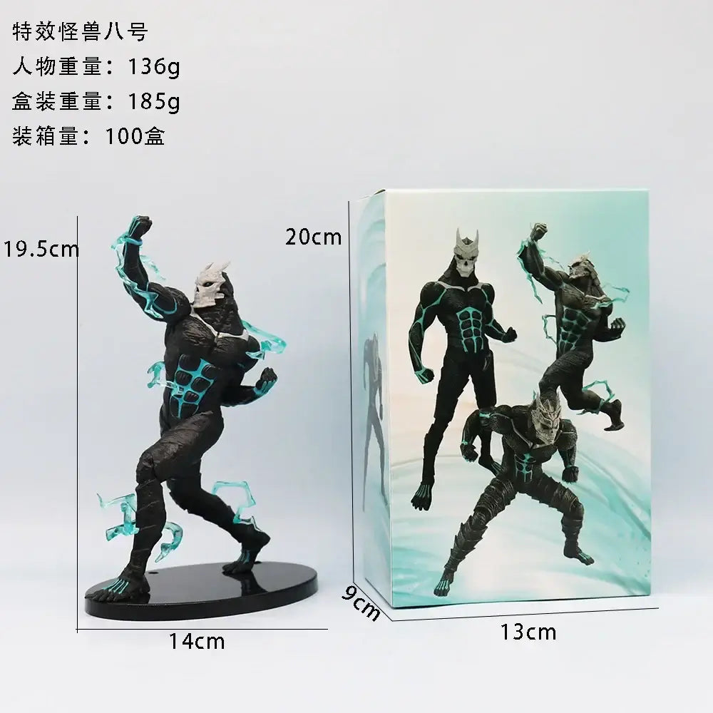 Black and teal kaiju no 8 monster action figure with detailed armor glowing effects on high-grade pvc circular base