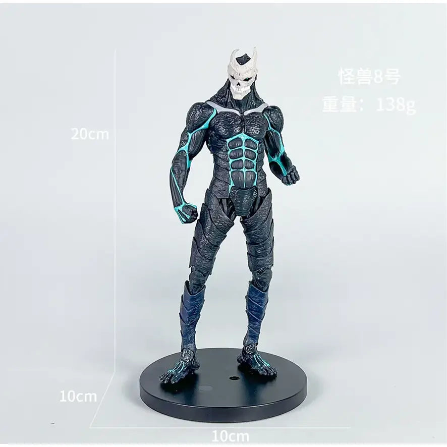 Kaiju no 8 monster action figure in black and teal armor with white skull mask on durable pvc circular base