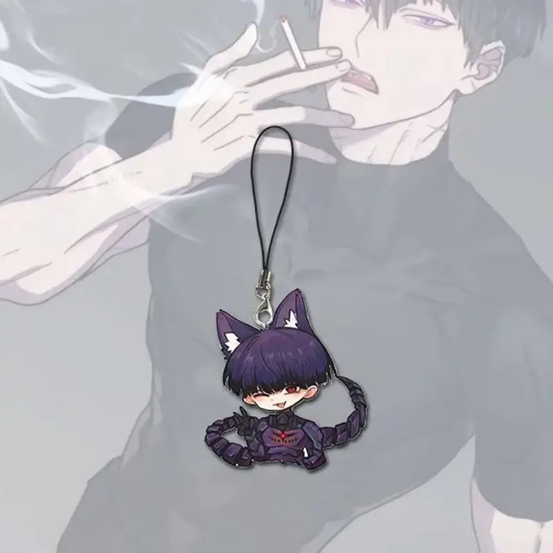 Purple cat-eared chibi soshiro hoshina keychain with black silver clasp kawaii phone chain for phones bags