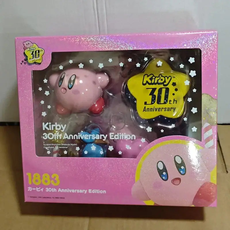 Pink kirby pvc figure 30th anniversary edition in a glittery pink box with star-shaped accessories