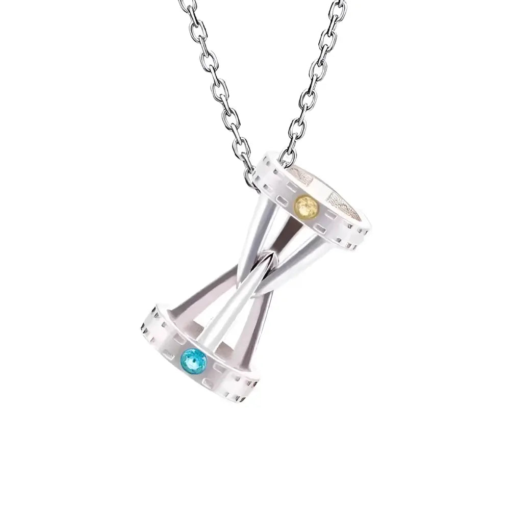Silver hourglass-shaped necklace pendant with yellow and blue gemstone accent for cosplay cartoon accessory