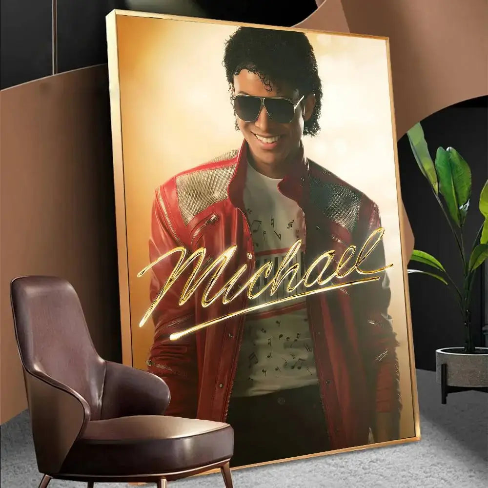 A framed canvas michael jackson biopic movie poster featuring jackson in a red sequined jacket with gold lettering
