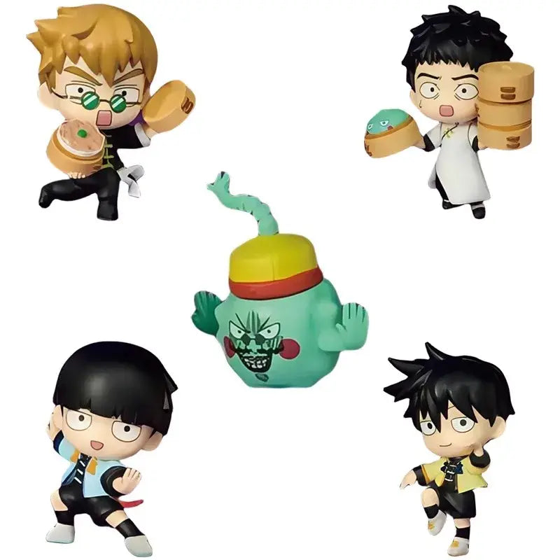 Mob psycho 100 collection figure set featuring 5 chibi-style gashapon figurines including a green monster figure