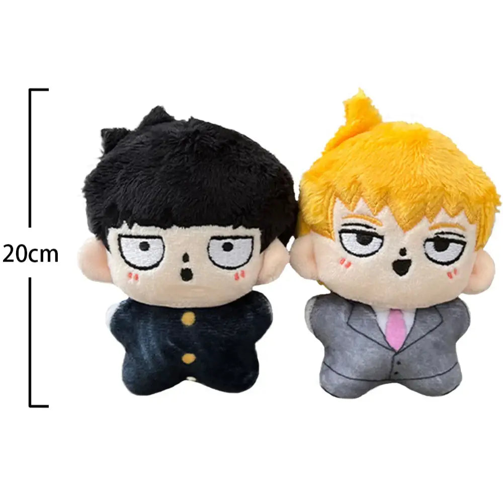 Two plush keychains featuring kageyama shigeo in dark blue jacket and blonde hair bag pendant from mob psycho 100