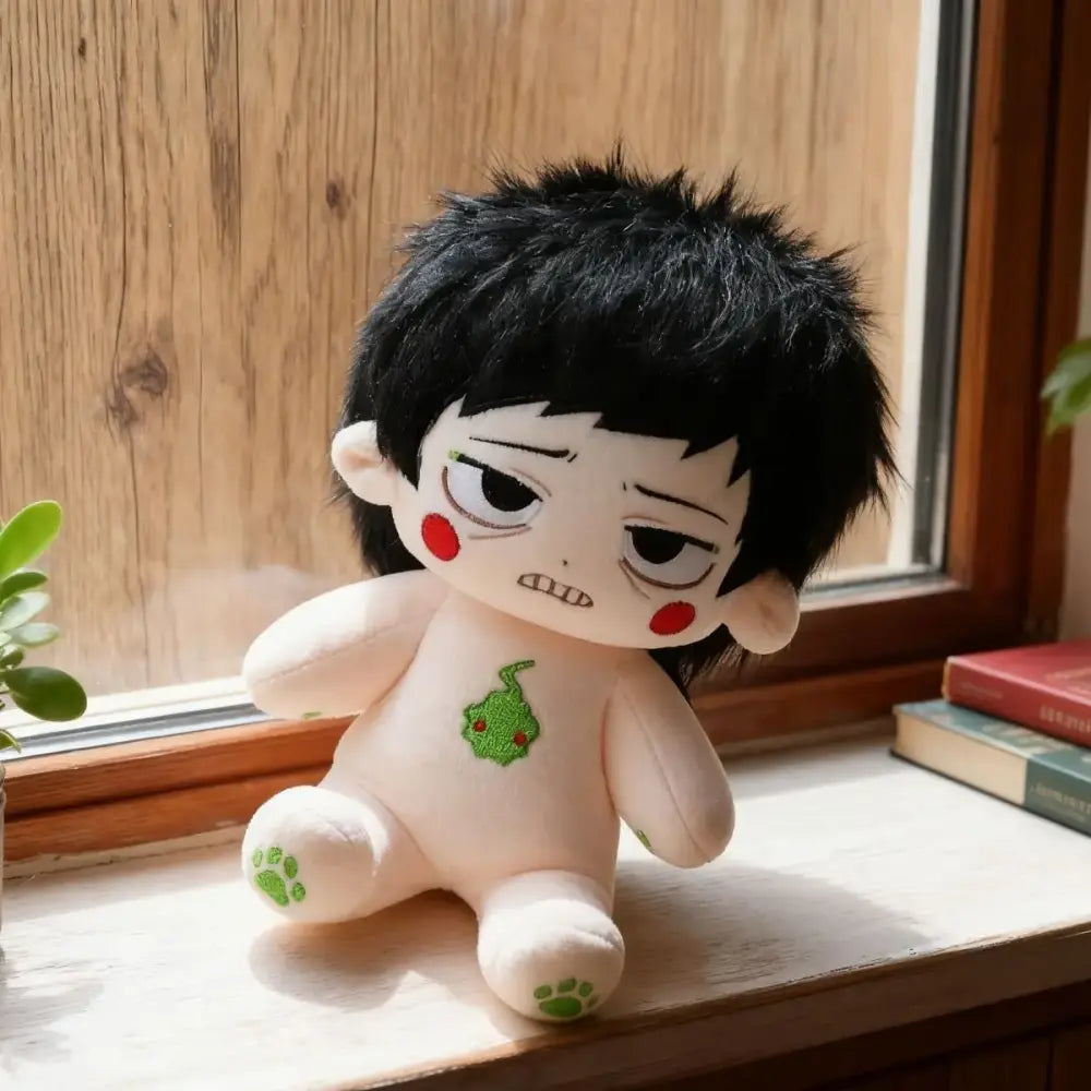 Mob psycho 100 reigen arataka plush doll with black hair red cheeks and stitched angry face sitting on windowsill 20cm cotton