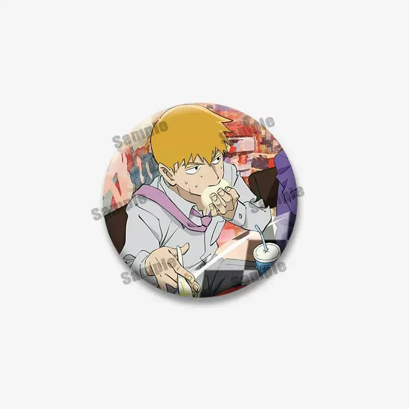 Circular mob psycho lapel pin featuring shigeo arataka with spiky blonde hair eating bread in white shirt and pink tie