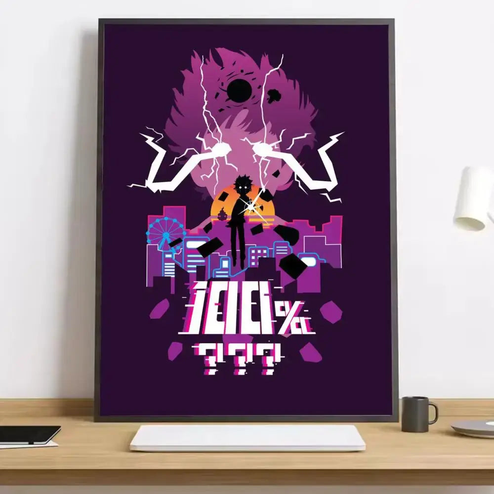 Purple-framed mob psycho shigeo canvas poster with anime character cityscape lightning bolts 100 percent design waterproof durable