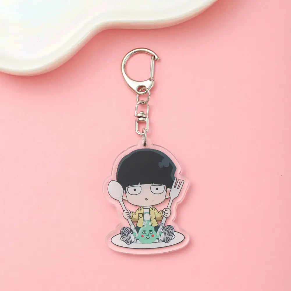 Clear acrylic shigeo kageyama acrylic keychain with cartoon character holding spoon and fork for mob psycho backpack charm