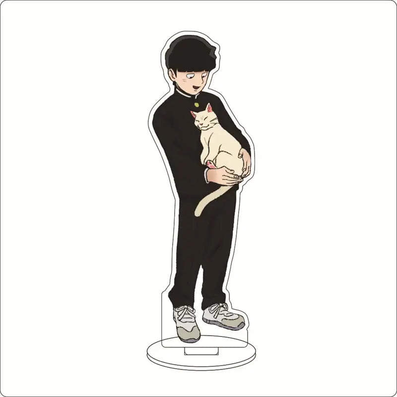 Black acrylic ornament of shigeo kageyama in school uniform holding a white cat from mob psycho 100 acrylic stand