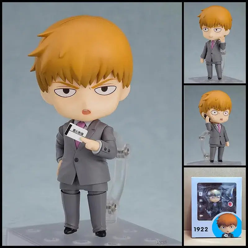 Chibi-style mob psycho shigeo kageyama figure with posable faces wearing gray suit and holding white notepad