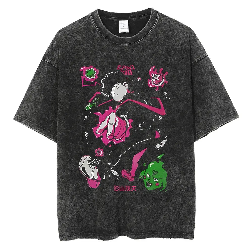 Black distressed washed cotton t-shirt featuring vibrant pink and green gon freecss anime graphic mob psycho shigeo kageyama