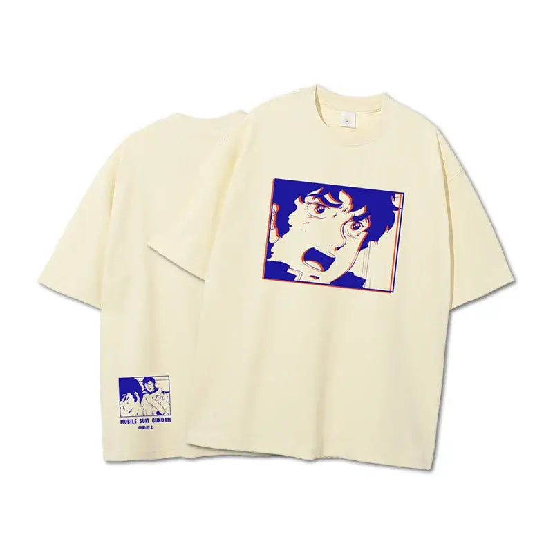 Cream-colored heavy cotton mobile suit gundam t-shirt with bold blue anime graphic and matching logo on hem