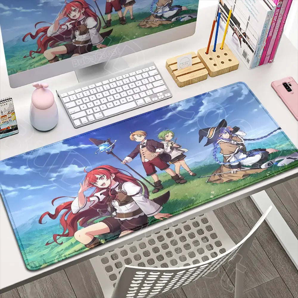 Long rectangular mushoku tensei roxy desk mat with vibrant fantasy characters and blue sky for tensei roxy gaming use