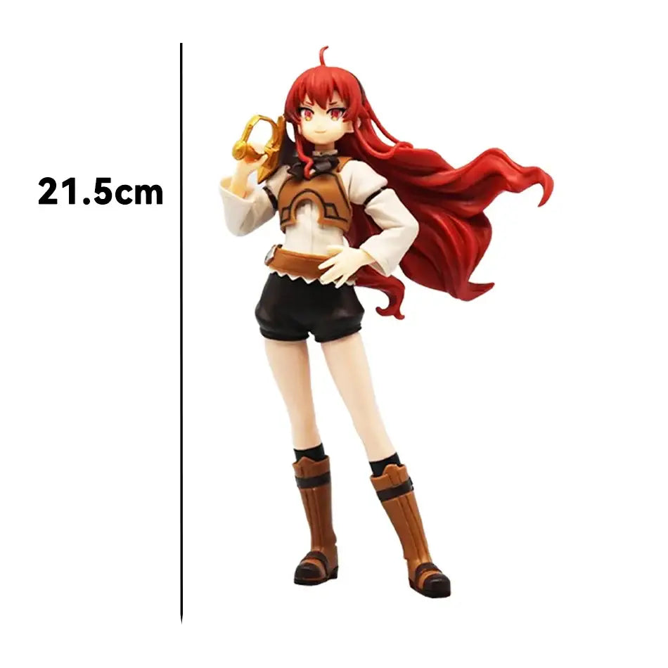 Mushoku tensei roxy migurdia pvc action figure 21.5cm red-haired anime figurine holding golden object in white shirt and brown vest