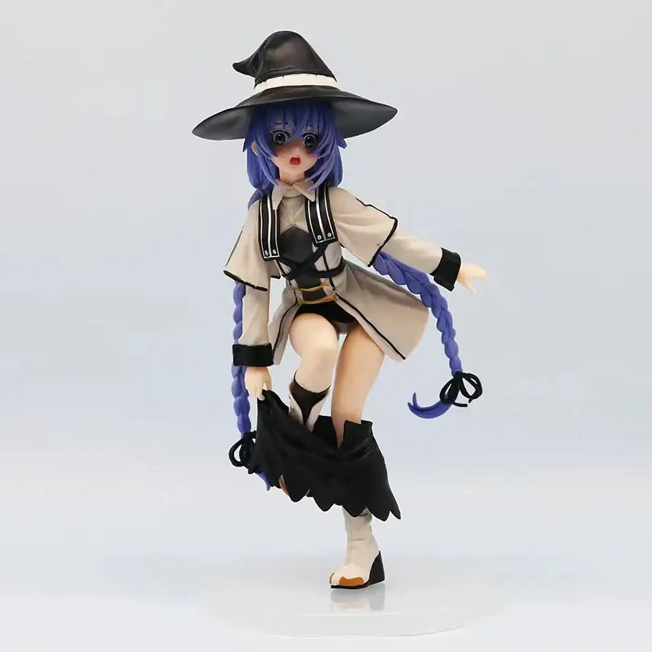 Detailed plastic roxy migurdia figurine with blue hair, black hat, and beige coat from mushoku tensei adult collection
