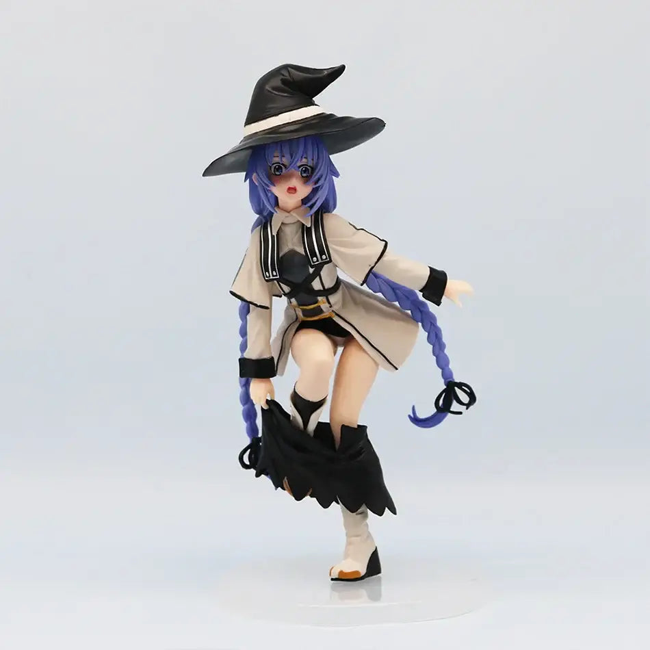 A detailed mushoku tensei roxy migurdia pvc statue featuring a witch with purple braided hair holding an open umbrella
