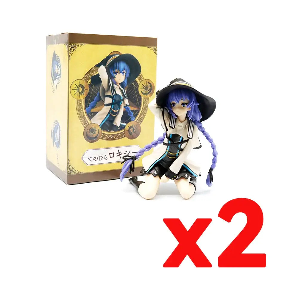 Purple-haired roxy migurdiass pvc figure in black and white outfit with blue accents kneeling beside mushoku tensei roxy box