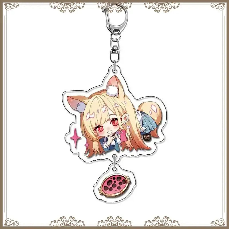 Translucent acrylic bag tag of kitagawa marin with blonde hair fox ears red eyes holding pink phone and watermelon charm