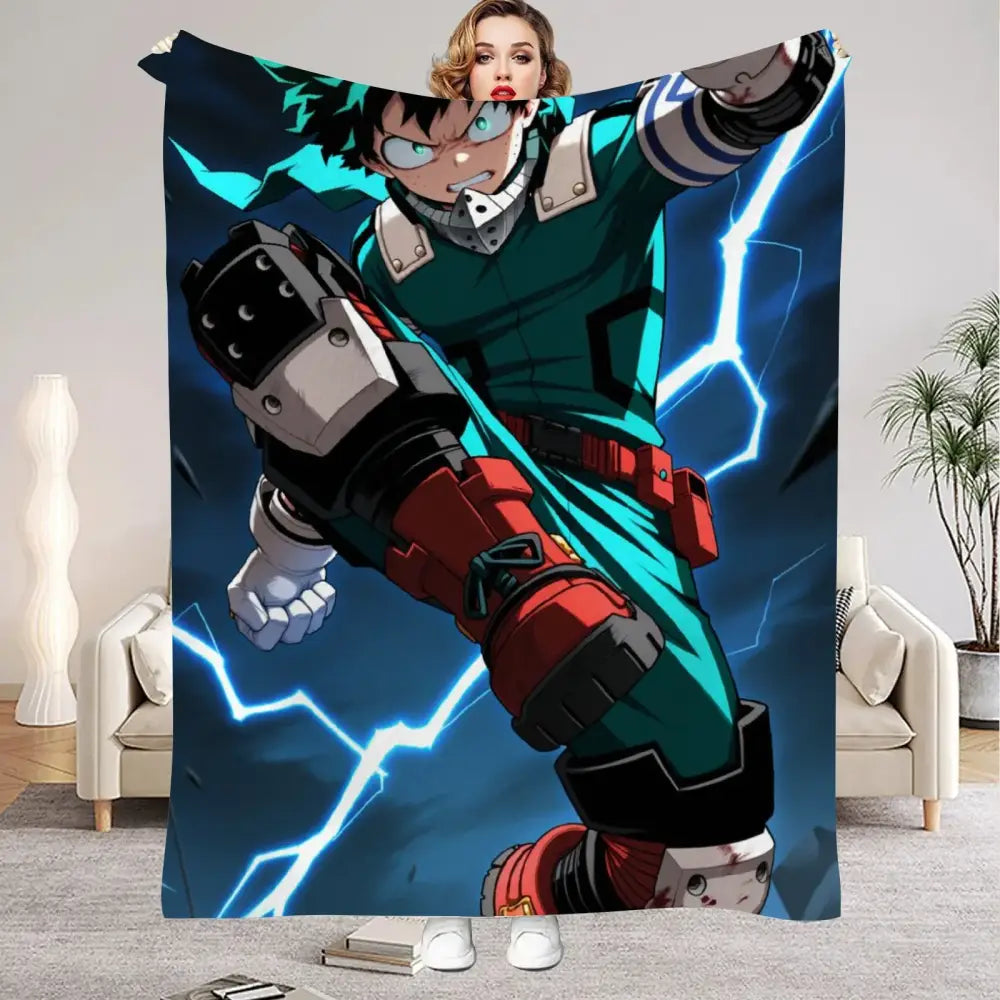 My hero academia all might flannel blanket featuring vibrant green and red colors with izuku midoriya and blue lightning effects