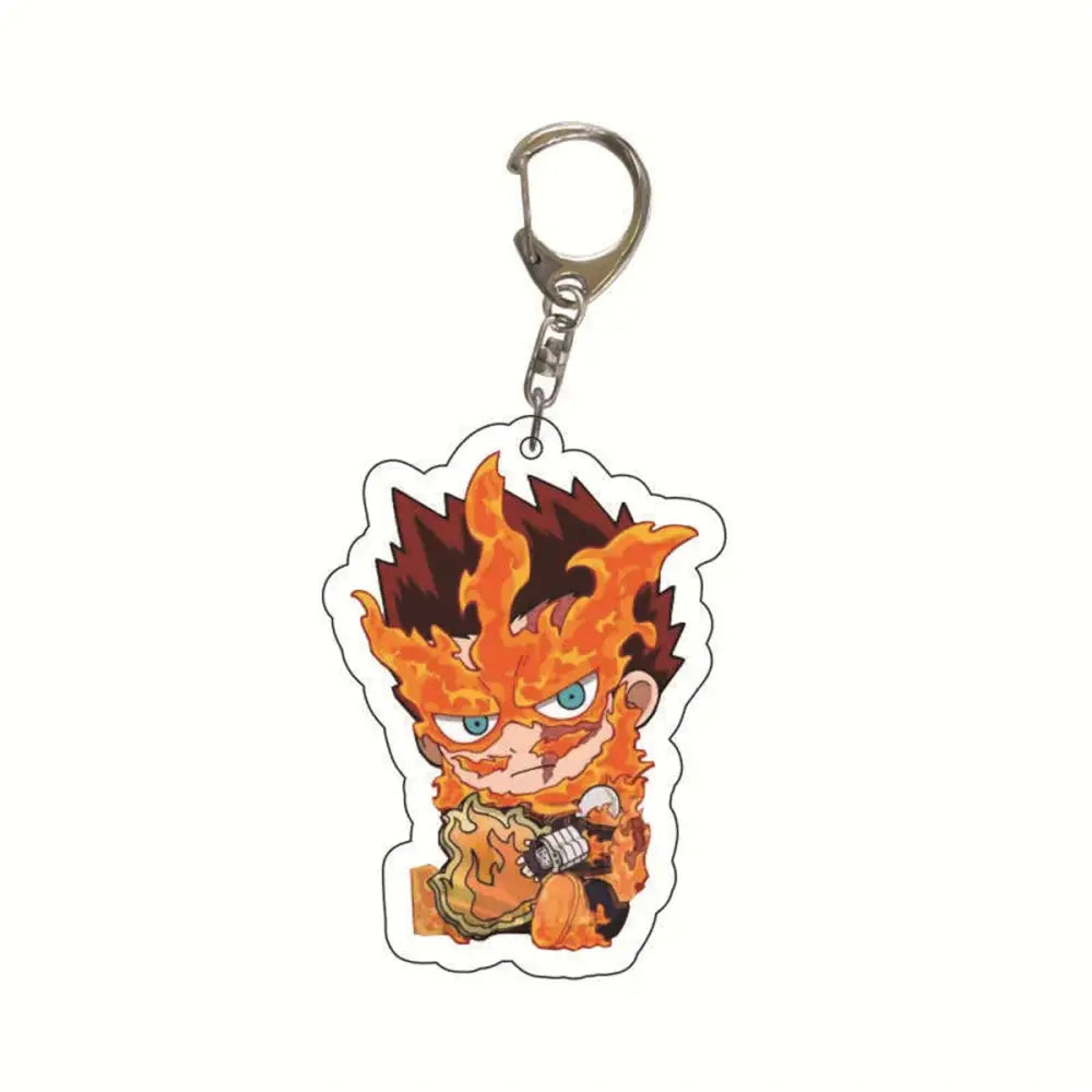 Orange and red flame-themed my hero academia acrylic keychain with silver metal clip for bag charm accessory