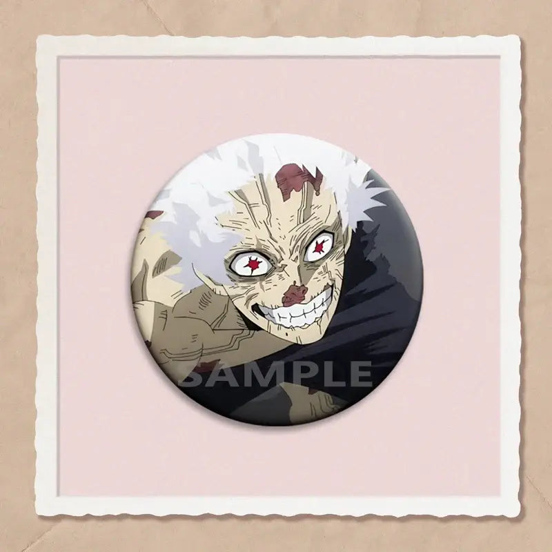 Circular hero academia dabi button pin featuring rui illustration with white hair and red star eyes on dark background