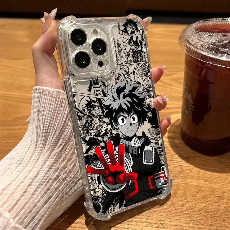 Clear shockproof tpu phone case featuring black and white hero academia deku with red handprint design on back side