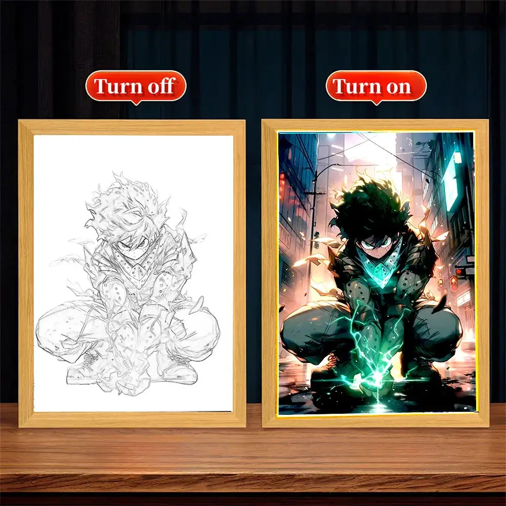 My hero academia deku vibrant green and black diamond painting in acrylic desk lamp photo frame with wooden frame